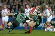 7 October 2005; Kevin Maggs, Ulster, is tackled by Darren Yapp, and Conor McPhillips, Connacht. Celtic League 2005-2006, Group A, Ulster v Connacht, Ravenhill, Belfast. Picture credit: Matt Browne / SPORTSFILE
