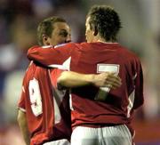 7 October 2005; Gary O'Neill, Shelbourne, celebrates with team-mate Bobby Ryan after scoring his sides first goal. eircom League, Premier Division, Shelbourne v St. Patrick's Athletic, Tolka Park, Dublin. Picture credit: Brian Lawless / SPORTSFILE