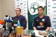 10 October 2005; Richard Dunne, left, and Matt Holland, Republic of Ireland, during a press conference after squad training. Portmarnock Hotel and Golf Links, Portmarnock, Dublin. Picture credit: David Maher / SPORTSFILE