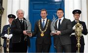 22 March 2014; Former Ireland Rugby International Brian O'Driscoll, right, with Dublin Lord Mayor Oisín Quinn, centre, and Fr. Peter McVerry after they were awarded the Freedom of the City of Dublin. Mansion House, Dublin. Picture credit: Matt Browne / SPORTSFILE