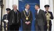 22 March 2014; Former Ireland Rugby International Brian O'Driscoll, right, in conversation with Dublin Lord Mayor Oisín Quinn, centre, and Fr. Peter McVerry after they were awarded the Freedom of the City of Dublin. Mansion House, Dublin. Picture credit: Matt Browne / SPORTSFILE