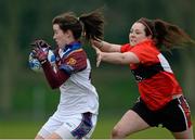 21 March 2014; Roisin Leonard, University of Limerick, in action against Aobha Hickey, University College Cork. O'Connor Cup, Semi-Final, University of Limerick v University College Cork. Queen's University, Belfast, Co. Antrim. Picture credit: Oliver McVeigh / SPORTSFILE