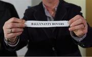 23 March 2014; FAI Junior Council President Teresa McCabe draws the name of Ballynanty Rovers during the FAI Junior Cup Semi-Final Draw. Carew Park, Limerick. Picture credit: Diarmuid Greene / SPORTSFILE