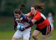 21 March 2014; Roisin Leonard, University of Limerick, in action against Aobha Hickey, University College Cork. O'Connor Cup, Semi-Final, University of Limerick v University College Cork. Queen's University, Belfast, Co. Antrim. Picture credit: Oliver McVeigh / SPORTSFILE