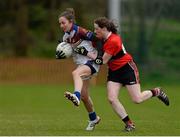 21 March 2014; Julia White, University of Limerick, in action against Aine O'Sullivan, University College Cork. O'Connor Cup, Semi-Final, University of Limerick v University College Cork. Queen's University, Belfast, Co. Antrim. Picture credit: Oliver McVeigh / SPORTSFILE