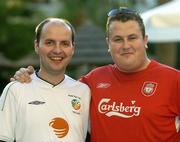 6 October 2005; Republic of Ireland supporters Bart Murphy, left, and John Dermody, both from Bagenalstown, Co. Carlow, ahead of the 2006 FIFA World Cup Qualifier against Cyprus. Limassol, Cyprus. Picture credit: Brendan Moran / SPORTSFILE
