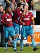 23 October 2005; Declan O'Brien, right, Drogheda United, celebrates with team-mates Stephen Bradley, centre, and Jermaine Sandvliet after scoring his sides first goal. FAI Carlsberg Cup Semi-Final, Drogheda United v Bray Wanderers, United Park, Drogheda, Co. Louth. Picture credit: David Maher / SPORTSFILE