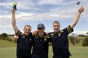 25 October 2005; The eventual competition winners Benny Coulter, Ciaran McManus and Mattie Forde celebrate a birdie on the 1st hole during a round of golf at the Portsea Golf Club, Sorrento, Mornington Peninsula, Melbourne, Victoria, Australia. Picture credit; Ray McManus / SPORTSFILE