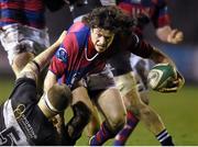 28 March 2014; Sam Cronin, Clontarf, is tackled by Dean Moore, Old Belvedere. Ulster Bank League Division 1A, Clontarf v Old Belvedere, Castle Avenue, Clontarf, Dublin. Picture credit: Matt Browne / SPORTSFILE