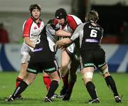 4th November 2005; Ulster's Stephen Ferris in action against Andrew Millard and John Bater, Ospreys. Celtic League, Ulster V Ospreys, Ravenhill Park, Belfast.  Picture Credit:Oliver Mc Veigh/Sportsfile