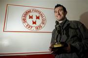 10 November 2005; Shelbourne's Jason Byrne who was presented with the eircom / Soccer Writers Association of Ireland Player of the Month award for October. Tolka Park, Dublin. Picture credit: Brian Lawless / SPORTSFILE