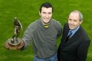 10 November 2005; Shelbourne's Jason Byrne, left, who was presented with the eircom / Soccer Writers Association of Ireland Player of the Month award for October by Padraig Corkery, eircom Head of Sponsorship. Tolka Park, Dublin. Picture credit: Brian Lawless / SPORTSFILE