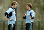15 November 2005; Centres Andrew Trimble, left, and Gordon D'Arcy discuss tactics during squad training. Ireland rugby squad training, Clongowes College, Clane, Co. Kildare. Picture credit: Brendan Moran / SPORTSFILE