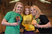 2 April 2014; Athletics Ireland and dried fruit and nut experts Forest Feast announced a new partnership which will support the growth of grassroot athletics in Ireland through the major sponsorship of Little Athletics. At the launch of the partnership is Christine Whelan, Forest Feast Field Sales Manager, right, Irish Long Jump Record Holder Kelly Proper and Rebecca O'Rourke, age 5, from the Raheny Shamrock Athletics Club. Morton Stadium, Santry, Dublin. Picture credit: Stephen McCarthy / SPORTSFILE