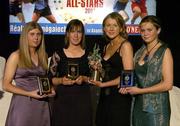 12 November 2005; Young player of the Year, Colette McSorley, from Armagh, 3rd from left, with the other young player nominees, from left, Aoife McLoughney, Tipperary, Siobhan Flannery, Offaly and Katie Power, from Kilkenny, at the 2005 Camogie All-Star Awards, in association with O'Neills. Citywest Hotel, Dublin. Picture credit: Brendan Moran / SPORTSFILE