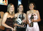 12 November 2005; Tipperary winner, from left, Julie Kirwan, Eimear McDonnell and Claire Grogan at the 2005 Camogie All-Star Awards, in association with O'Neills. Missing from photo is Jovita Delaney. Citywest Hotel, Dublin. Picture credit: Ray McManus / SPORTSFILE