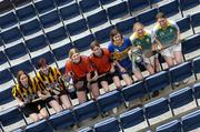 15 November 2005; Camogie players, from left to right, Margaret Kavanagh and Sinead Costello, St. Lachtain's Freshford, Linda Gohery and Catriona Kelly, Davitts, Marie O'Looney, Newmarket-on-Fergus, Mairin McAleenan and Lisa McCrickard, Liatroim Fontenoys, at a photocall ahead of the All-Ireland camogie Senior and Junior club championship finals which will take place this Sunday, November 20th. St. Lachtain's and Davitts will contest the Senior final while Liatroim Fontenoys and Newmarket-on-Fergus will contest the Junior final. Croke Park, Dublin. Picture credit: Brian Lawless / SPORTSFILE