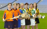 15 November 2005; Camogie players, from left to right, Catriona Kelly and Linda Gohery, Davitts, Marie O'Looney, Newmarket-on-Fergus, Mairin McAleenan, Liatroim Fontenoys, Sinead Costello, St. Lachtain's Freshford, Lisa McCrickard, Liatroim Fontenoys, and Margaret Kavanagh, St. Lachtain's Freshford, at a photocall ahead of the All-Ireland camogie Senior and Junior club championship finals which will take place this Sunday, November 20th. St. Lachtain's and Davitts will contest the Senior final while Liatroim Fontenoys and Newmarket-on-Fergus will contest the Junior final. Croke Park, Dublin. Picture credit: Brian Lawless / SPORTSFILE