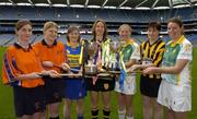 15 November 2005; Camogie players, from left to right, Catriona Kelly and Linda Gohery, Davitts, Marie O'Looney, Newmarket-on-Fergus, Margaret Kavanagh, St. Lachtain's Freshford, Mairin McAleenan, Liatroim Fontenoys, Sinead Costello, St. Lachtain's Freshford, and Lisa McCrickard, Liatroim Fontenoys, at a photocall ahead of the All-Ireland camogie Senior and Junior club championship finals which will take place this Sunday, November 20th. St. Lachtain's and Davitts will contest the Senior final while Liatroim Fontenoys and Newmarket-on-Fergus will contest the Junior final. Croke Park, Dublin. Picture credit: Brian Lawless / SPORTSFILE