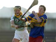 20 November 2005; Goalkeeper Trish O'Grady, Newmarket on Fergus, Co. Clare, in action against Mairin McAleenan, Leitrim Fontenoys, Co. Down, All Ireland Junior Camogie Club Championship Final, Leitrim Fontenoys v Newmarket on Fergus, McDonagh Park, Cloughjordan, Co. Tipperary. Picture credit: Ray McManus / SPORTSFILE