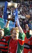 21 November 2005; Olivia Smartt, St. Brigid’s, Castleknock captain lifts the Corn Austin Finn. Allianz Cumann na mBunscol Finals, Corn Austin Finn, St. Brigid’s, Castleknock v Scoil Cholmcille, Knocklyon, Croke Park, Dublin. Picture credit: Damien Eagers / SPORTSFILE