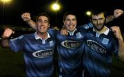 25 November 2005; Dublin City players left to right, Paul Shiels, Alan Keely and Alan Mulcahy, celebrates at the end of the game. eircom league Promotion / Relegation Play-off, 2nd Leg, Dublin City v Shamrock Rovers, Tolka Park, Dublin. Picture credit: David Maher / SPORTSFILE