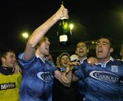 25 November 2005; Dublin City's Robbie Hedderman, left, Ben Whelehan and Alan Mulcahy, right, celebrate Promotion to the eircom Premier. eircom league Promotion / Relegation Play-off, 2nd Leg, Dublin City v Shamrock Rovers, Tolka Park, Dublin. Picture credit: Matt Browne / SPORTSFILE