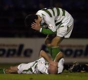 25 November 2005; Dejected Shamrock Rovers players Derek Tracey and Gavin McDonnell, 6, at the end of the game. eircom league Promotion / Relegation Play-off, 2nd Leg, Dublin City v Shamrock Rovers, Tolka Park, Dublin. Picture credit: Matt Browne / SPORTSFILE