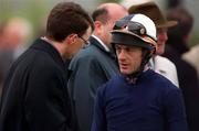 22 May 1999; Trainer Aidan O'Brien gives instructions to Oliver Peslier, jockey of the eventual winner, Enrigue,  immediately prior to the Irish 2,000  Guineas at The Curragh Racecourse in Kildare. Photo by Ray McManus/Sportsfile