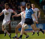 6 April 2014; Jason Whelan, Dublin, scores a goal despite the efforts of Peter Harte, Tyrone. Allianz Football League, Division 1, Round 7, Tyrone v Dublin, Healy Park, Omagh, Co. Tyrone. Picture credit: Piaras Ó Mídheach / SPORTSFILE