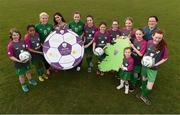 8 April 2014; Republic of Ireland U-17 International Savannah McCarthy, left, Becky Perez, Focus Ireland, Republic of Ireland U-19 International Katie McCabe and Republic of Ireland equipment manager Emma Martin with, from left, Rebecca Walsh, Ella Hilliard, Holly O'Brien, Tia Mulvey, Caitlinn McManus, Aoife Rogers, Gráinne Jordan-McDermott, Katie O'Brien and Lucy Macken Burke, Skerries Town FC, at the launch of the Aviva Soccer Sisters Easter Camps at Skerries Town FC. The Soccer Sisters Camps will take place at 88 locations across Ireland over the Easter break and are for girls between the ages of 7-12 years old with camps catering for all skill levels. For more information and a list of locations log on to www.FAI.ie/SoccerSisters. Picture credit: Barry Cregg / SPORTSFILE