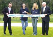 9 January 2006; USA cross country champion Dathan Ritzenhein and Irish cross country champion Jolene Byrne cross the finish line in front of Ronnie Delany, 1956 1500m gold medalist, right, and Eamonn Coghlan, who will run the race in support of Our Lady's Hospital for sick children in Crumlin, left, at the launch of the Great BUPA Ireland Run 2006. Castleknock Hotel and Golf Club, Castleknock, Dublin. Picture credit: Pat Murphy / SPORTSFILE