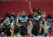 12 April 2014; Leone Nakarawa, right, and Josh Strauss, Glasgow Warriors, celebrate at the final whistle after victory over Munster. Celtic League 2013/14 Round 19, Munster v Glasgow Warriors, Thomond Park, Limerick. Picture credit: Diarmuid Greene / SPORTSFILE