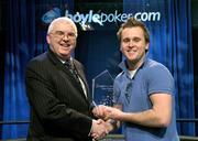 8 January 2006; Kieran Walsh, from Cork, is presented with the trophy by Paul Magee, left, of Boylesports after winning the final of the Boylepoker.com Irish Poker Championship. Citywest Hotel, Dublin. Picture credit: Brendan Moran / SPORTSFILE