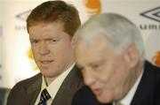 16 January 2006; Steve Staunton listens to Sir Bobby Robson, International football consultant at an FAI press conference to confirm his appointment as the new Manager of the Republic of Ireland Senior International Soccer Team. Mansion House, Dublin. Picture credit: Damien Eagers / SPORTSFILE