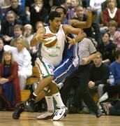 15 January 2006; Evan Pellerin, Merry Monk, Ballina, in action against James Whyte, UCC Demons. Mens National Cup Basketball Semi-Final, UCC Demons v Merry Monk, Ballina, National Basketball Arena, Tallaght, Dublin. Picture credit: Brendan Moran / SPORTSFILE
