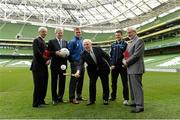 16 April 2014; Michael Ring, T.D., Minister of State for Tourism and Sport, centre, with, from left, John Treacy, CEO Irish Sports Council, Ard Stiúrthóir of the GAA Páraic Duffy, Waterford hurler Pauric Mahony, Dublin Footballer Kevin McManamon and Kieran Mulvey, Chairman of the Irish Sports Council, in attendance at the announcement of the Irish Sports Council's funding for the FAI, IRFU and GAA for 2014. Aviva Stadium, Lansdowne Road, Dublin. Picture credit: Matt Browne / SPORTSFILE