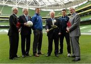 16 April 2014; Michael Ring, T.D., Minister of State for Tourism and Sport, centre, with, from left, John Treacy, CEO Irish Sports Council, Ard Stiúrthóir of the GAA Páraic Duffy, Waterford hurler Pauric Mahony, Dublin Footballer Kevin McManamon and Kieran Mulvey, Chairman of the Irish Sports Council, in attendance at the announcement of the Irish Sports Council's funding for the FAI, IRFU and GAA for 2014. Aviva Stadium, Lansdowne Road, Dublin. Picture credit: Matt Browne / SPORTSFILE