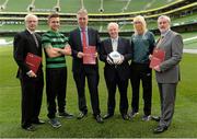16 April 2014; Michael Ring, T.D., Minister of State for Tourism and Sport, with, from left to right, John Treacy, CEO Irish Sports Council, Shamrock Rovers and former Republic of Ireland international Stephen McPhail, FAI Chief Executive John Delaney, Republic of Ireland women's international Stephanie Roche and Kieran Mulvey, Chairman of the Irish Sports Council in attendance at the announcement of the Irish Sports Council's funding for the FAI, IRFU and GAA for 2014. Aviva Stadium, Lansdowne Road, Dublin. Picture credit: Matt Browne / SPORTSFILE