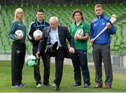 16 April 2014; Michael Ring, T.D., Minister of State for Tourism and Sport, with, from left, Rwpublic of Ireland women's international soccer player Stephanie Roche, Dublin Footballer Kevin McManamon, Ireland Women's International Rugby player Jenny Murphy and Waterford hurler Pauric Mahony in attendance at the announcement of the Irish Sports Council's funding for the FAI, IRFU and GAA for 2014. Aviva Stadium, Lansdowne Road, Dublin. Picture credit: Matt Browne / SPORTSFILE