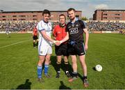 19 April 2014; Team captains Conor P. Moynagh, left, Cavan, and Jack McCaffrey, Dublin, shake hands in the company of referee Derek O'Mahoney. Cadbury GAA Football U21 Championship Semi-Final, Cavan v Dublin, O'Moore Park, Portlaoise, Co. Laois. Picture credit: Piaras Ó Mídheach / SPORTSFILE