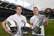 25 April 2014; Former Dublin Footballer Tomás Quinn and Monaghan's Colin Walshe with the Dan Rooney trophy visit Croke Park to meet up with members of the University of Central Florida and Penn State University as both colleges finalise their plans for the Croke Park Classic which takes place in GAA HQ on August 30th. Tickets for the Croke Park Classic are on sale now from www.ticketmaster.ie and www.tickets.ie. For further information, check out www.crokeparkclassic.ie. Croke Park Classic April Visit and Media Day, Croke Park, Dublin. Picture credit: David Maher / SPORTSFILE