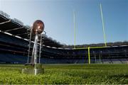 25 April 2014; A general view of the Dan Rooney trophy and the goalposts in Croke Park ahead of the Croke Park Classic which sees the University of Central Florida host Penn State University in their 2014 season opener on August 30th in GAA HQ. Tickets for the Croke Park Classic are on sale now from www.ticketmaster.ie and www.tickets.ie. For further information, check out www.crokeparkclassic.ie. Croke Park Classic April Visit and Media Day, Croke Park, Dublin. Picture credit: David Maher / SPORTSFILE