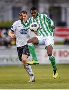 25 April 2014; Ismahil Akinade, Bray Wanderers, in action against Brian Gartland, Dundalk. Airtricity League Premier Division, Bray Wanderers v Dundalk. Carlisle Grounds, Bray, Co. Wicklow. Picture credit: Stephen McCarthy / SPORTSFILE