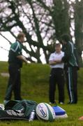 February 2006; Irish players prepare to face the French. Irish rugby internationals Paul O'Connell, left, Ronan O'Gara centre, and Shane Horgan talk tactics before a training session before heading to Paris for their all important RBS Six Nations game this Saturday against France. Picture credit; Brendan Moran / SPORTSFILE