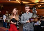 1 May 2014; Shauna O'Brien, UCD Swimming Club, with the Dr. Tony O'Neill Sports Person of the Year award and Darren Doherty, UCD Karate Club, with the Gerry Horkan Club Administrator of the Year award during the UCD Sports Awards 2013/2014. Astra Hall, UCD, Belfield, Dublin. Picture credit: Stephen McCarthy / SPORTSFILE