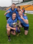 3 May 2014; Kilmacud Crokes players, Shane Cunningham, 21, Paul Mannion, Ross McGowan and David Campbell, celebrate the Dublin win. Cadbury GAA Football All-Ireland U21 Championship Final, Dublin v Roscommon, O'Connor Park, Tullamore, Co. Offaly. Picture credit: Ray McManus / SPORTSFILE