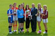 6 May 2014; In attendance at the Captain's Day ahead of Saturday's TESCO HomeGrown Ladies National Football League Division 1, 2 and 3 Finals, are, from left, Michelle McGrath, Waterford, Caroline O'Hanlon, Armagh, Lindsey Davey, Dublin, Doireann O'Sullivan, Cork, Lynn Moynihan, Local Marketing Manager, Tesco Ireland, Pat Quill, President, Ladies Gaelic Football Association, Johanna Maher, Westmeath and Sinead Burke, Galway. Parnell Park, Dublin. Picture credit: Brendan Moran / SPORTSFILE