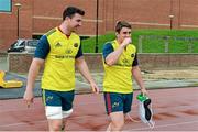 6 May 2014; Munster's Paddy Butler, left, and Ian Keatley share a joke as they make their way out for squad training ahead of their Celtic League 2013/14, Round 22, game against Ulster on Saturday. Munster Rugby Squad Training, University of Limerick, Limerick. Picture credit: Diarmuid Greene / SPORTSFILE