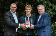 7 May 2014; Ulster and Ireland winger Andrew Trimble was voted the 2014 Hibernia College IRUPA Players’ Player of the Year by his fellow players at the Hibernia College IRUPA Rugby Player Awards 2014. Andrew was presented with a Tissot watch by IRUPA CEO Omar Hassanein, left, and Hibernia College founder, Dr. Sean Rowland. This is Andrew’s third IRUPA Award, he was named Young Player of the Year in 2006 and won Try of the Year in 2010. Picture credit: Brendan Moran / SPORTSFILE